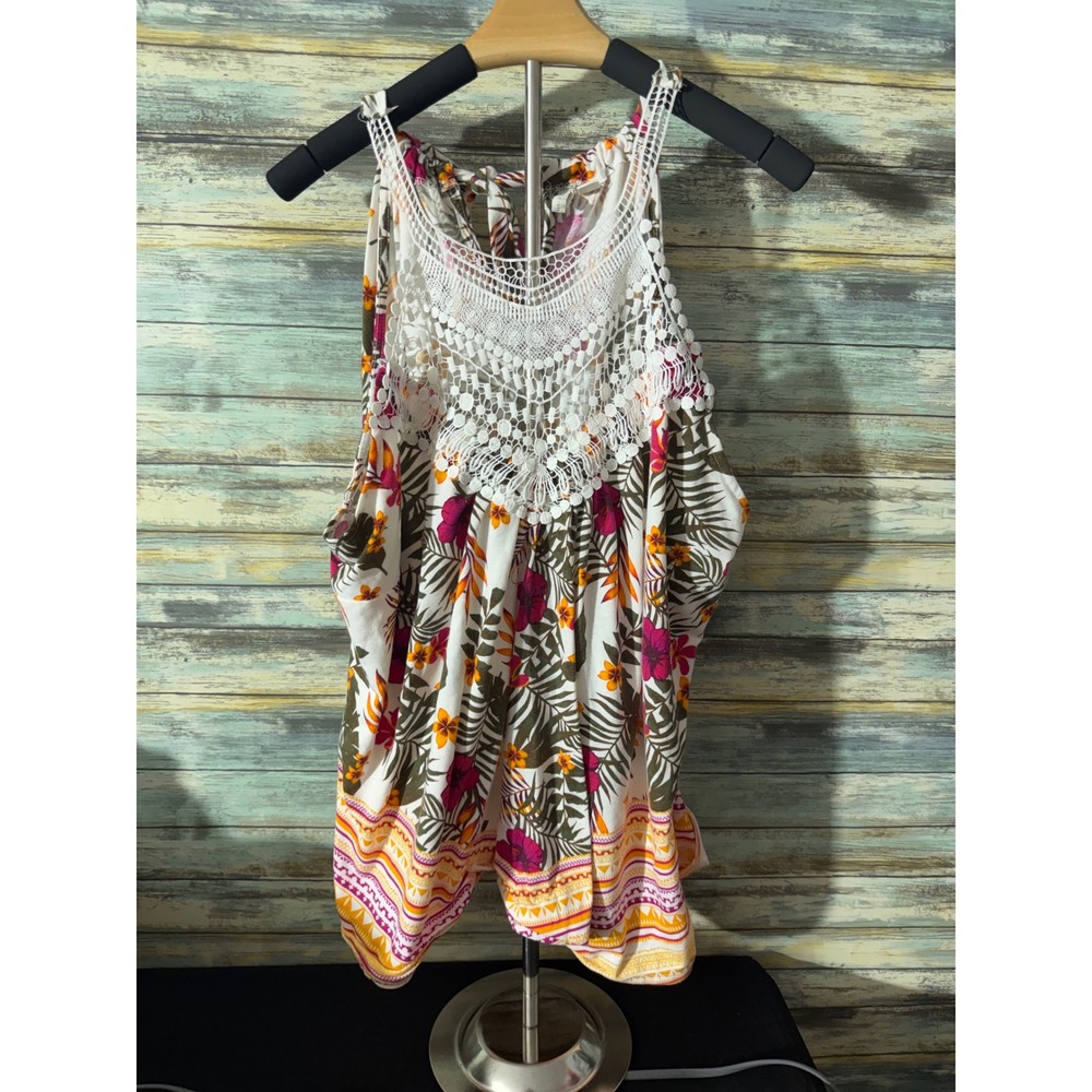 Cato Tank Top 18/20 White Floral Excellent Crochet Lace Bib Tropical Boho Halter